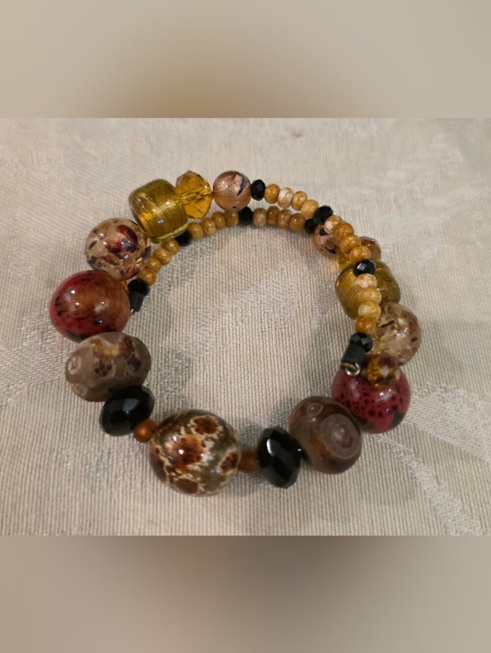Eclectic Natural Stobe & Glass Beaded Artisan Stretch Bracelet